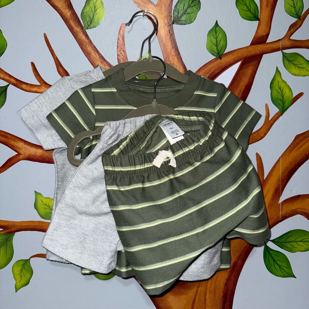 Kids Olive & Gray Striped Two-Piece Set